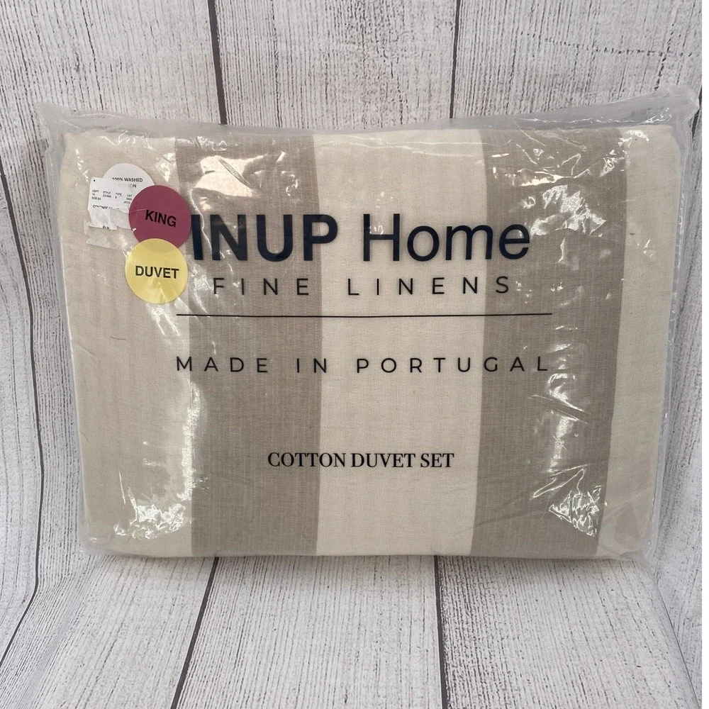 INUP Home Duvet Set King Beige Cream Washed Cotton Striped Made in Portugal